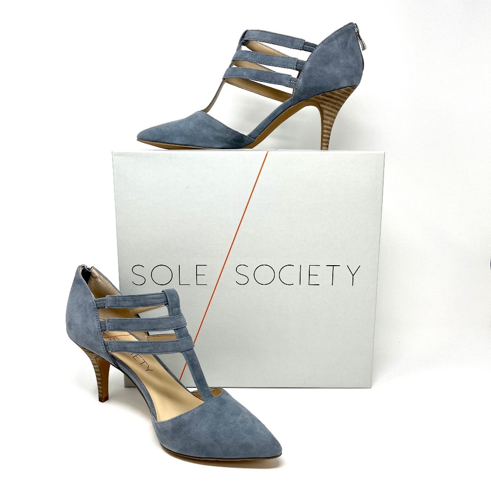 ⛔️ SOLD! ⛔ Sole Society Mallory Blue Suede Leather T-Strap Cage Heel Size 10M